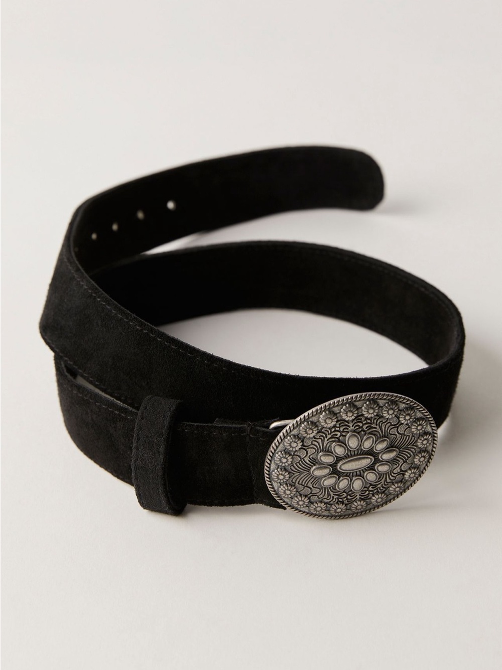 Silver Floral Western Buckle on Black Suede Belt